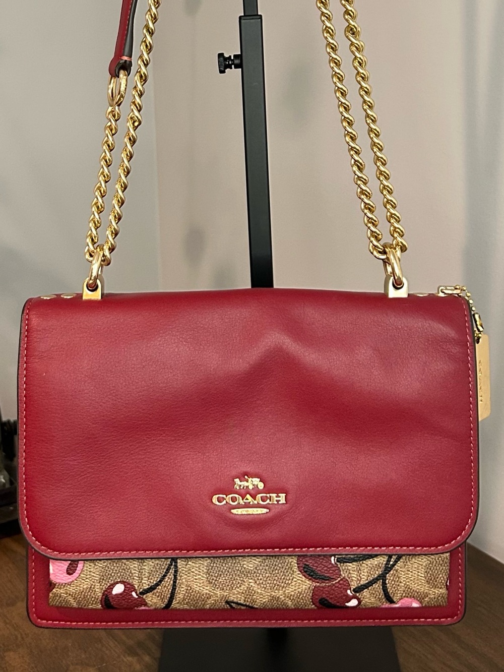 Coach Klare Cherry Signature Canvas Crossbody Bag Burgundy Chain Strap